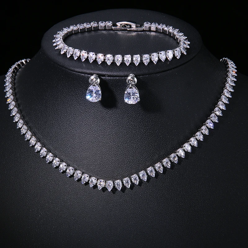 

Luxury Teardrop Zirconia Three Piece Wedding Bridal Fashion Necklace Earrings Bracelet Women Jewelry Accessories Free Shipping