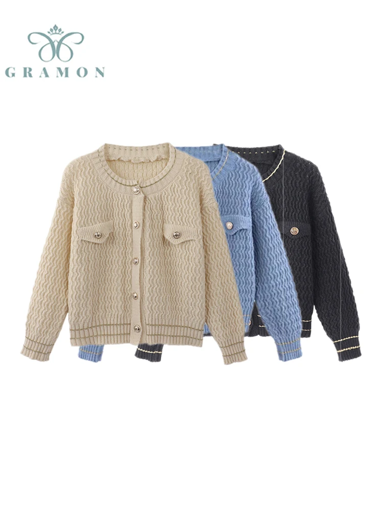 

Autumn Winter Women Crew Neck Knit Cardigan Fashion Korean Style Long Sleeve Female Sweater French Elegant Knitwear Lady Top Ins