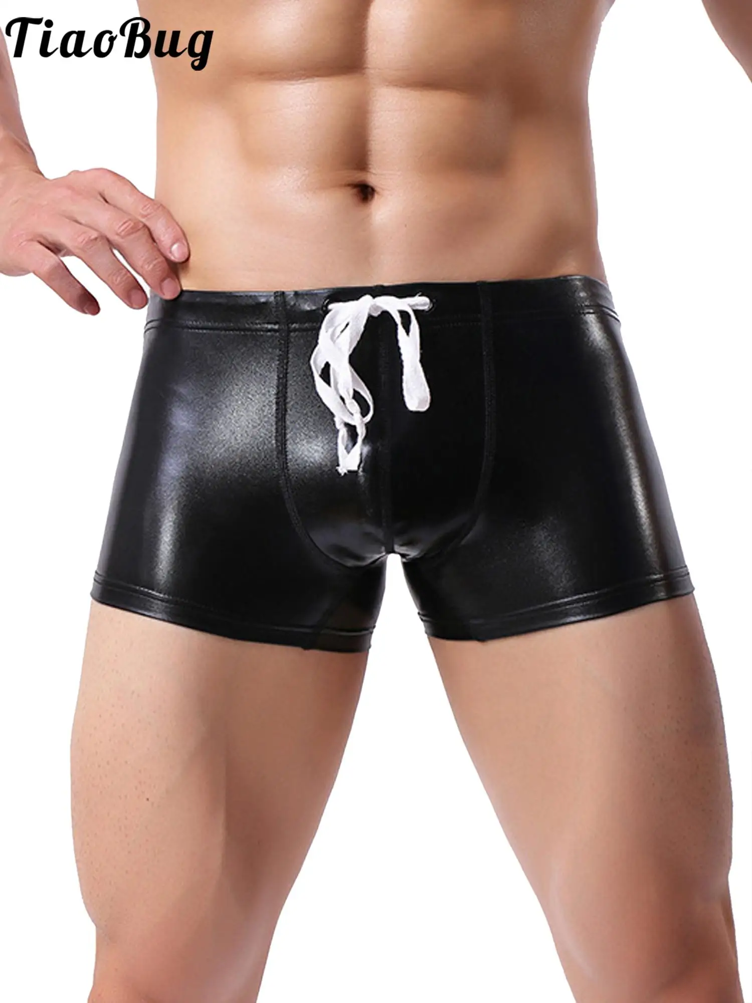

Mens Swimming Trunks Swimwear Low Rise Drawstring Boxer Faux Leather Underwear Club Pole Dance Mini Shorts Panties for Man