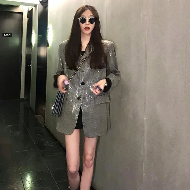 

SuperAen корейский модный Блейзер Женский свободный блестящий костюм Топ новый стиль длинный рукав Уличная куртка пальто