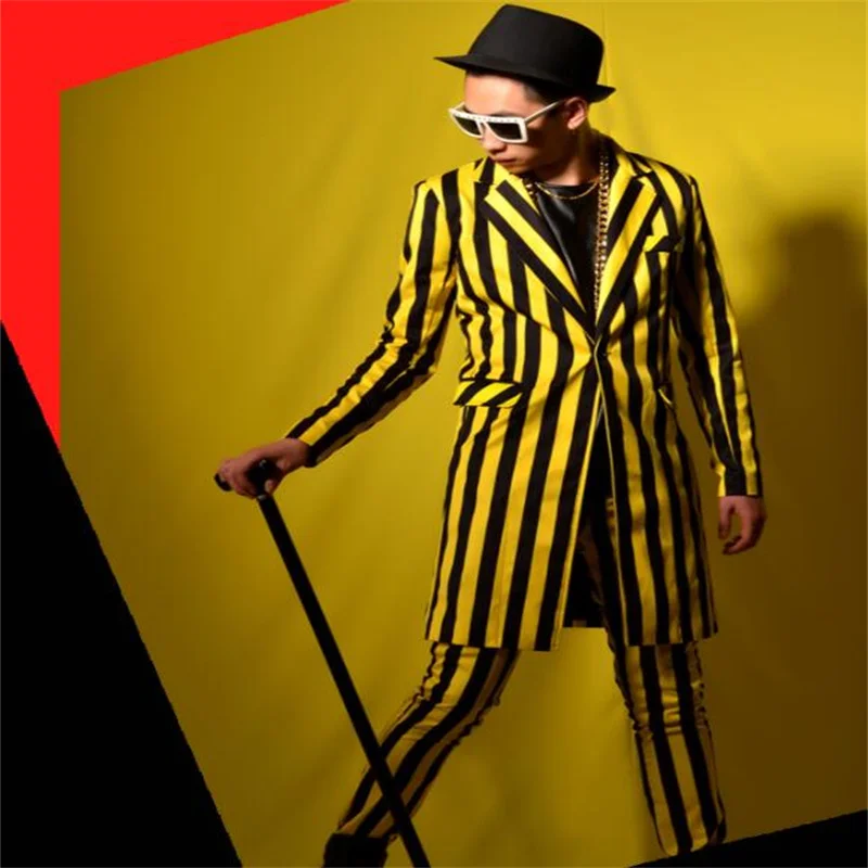 Nightclub mid-length suits mens blazers male singer yellow black striped British big-name bar costume accessories stage dance