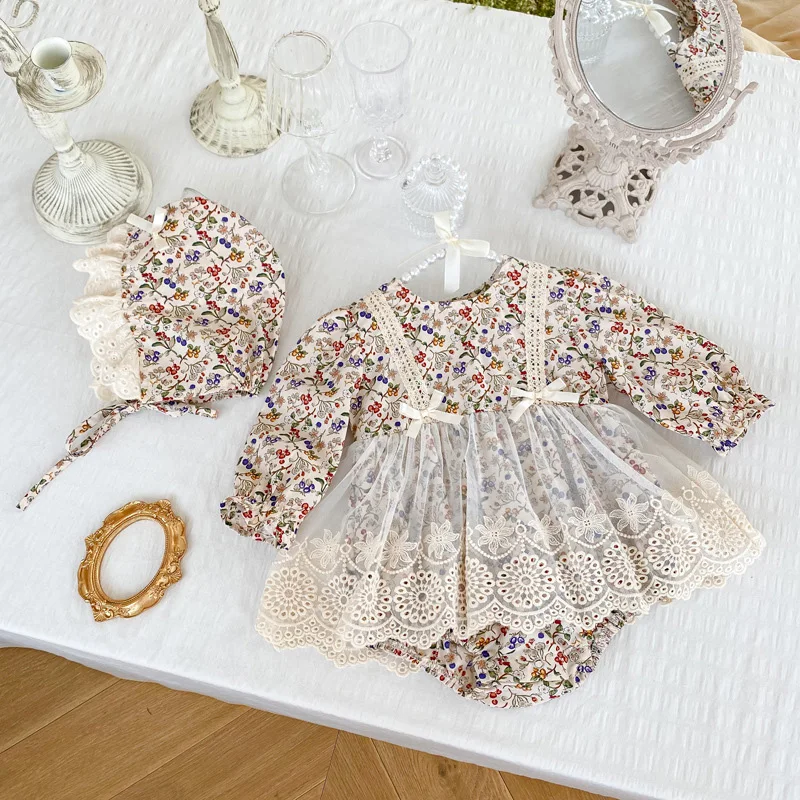 

Детский хлопковый комбинезон с длинным рукавом, с кружевом