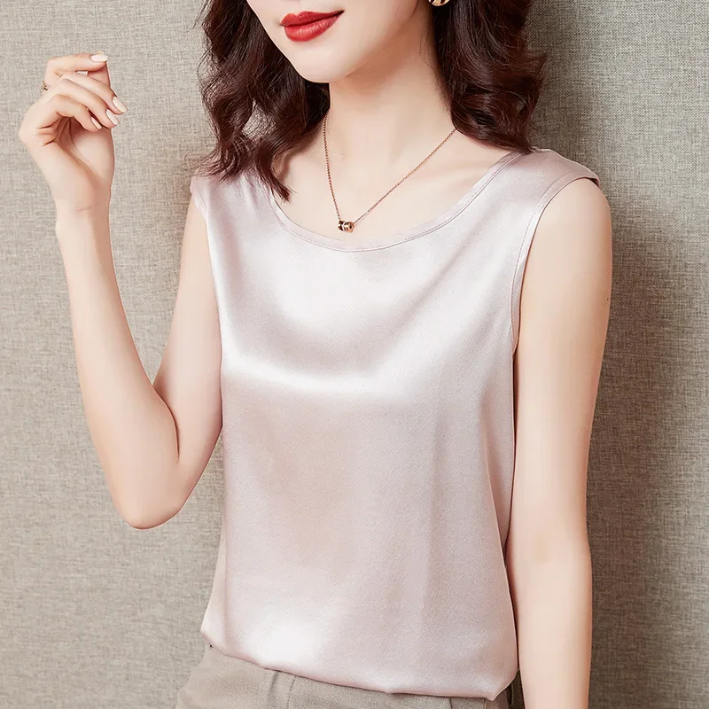 

2023 Round Collar Silk Top Women Silk Tank Top Woman Vest Mulberry Silk Vest Satin Sleeveless Shirt Bottom Silk Tops Luxry Tops