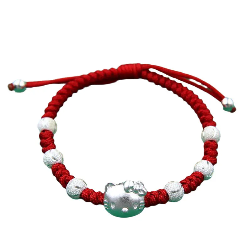 

Kawaii Cartoon Hellokittys 999 Sterling Silver Bracelet for Women's Jewelry Hand-Woven Red Rope Transfer Jewelry Baby Natal Gift