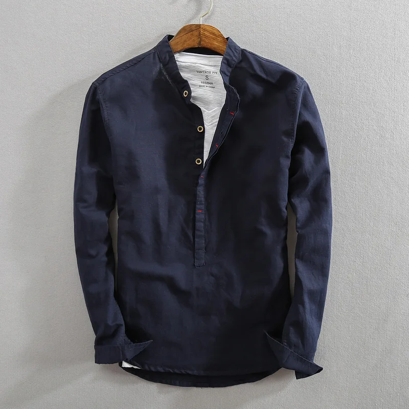 Helisopus Winter New Men's Cotton Linen Shirt Japanese Retro Stand Collar Solid Pullover Harajuku Male Shirt Plus Size 5XL