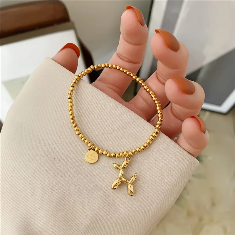 

Stainless Steel Gold Color Lucky Round Brand Beads Balloon Dog Bracelet Female Fashion Retro Cute Simple Jewelry Accessories