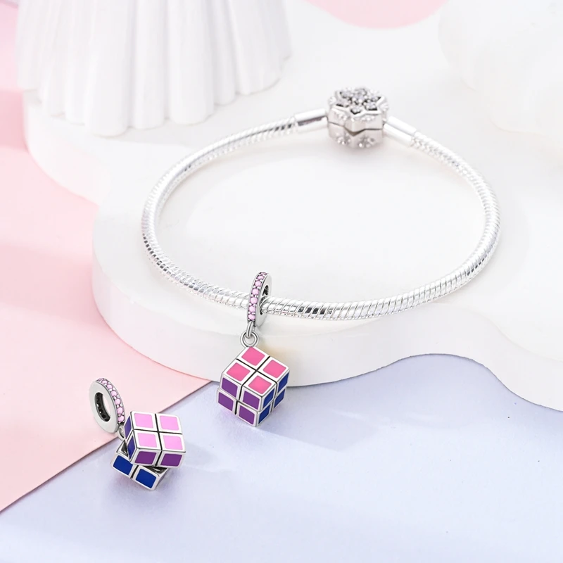 Шармы подходят для Pandora оригинальный браслет 925 пробы серебряные бусины кубика