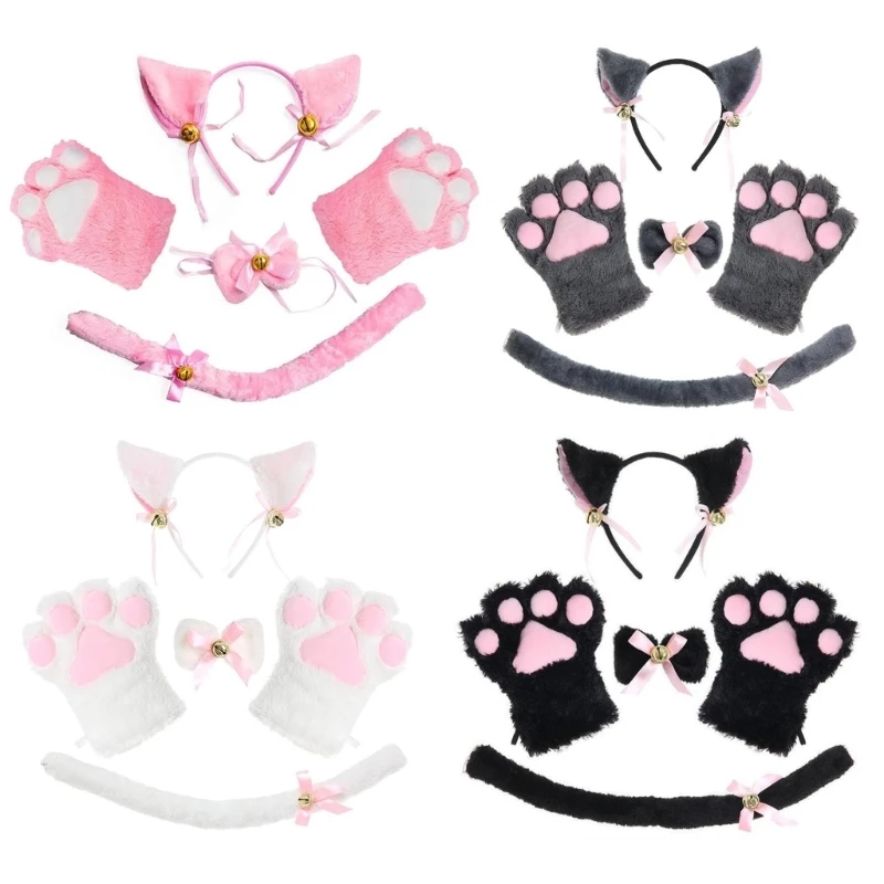 

449B Cats Costume Set Cats Ears Headband Headdress Cats Tail Bow Tie Halloween Costumes Animal Cosplay Party Props