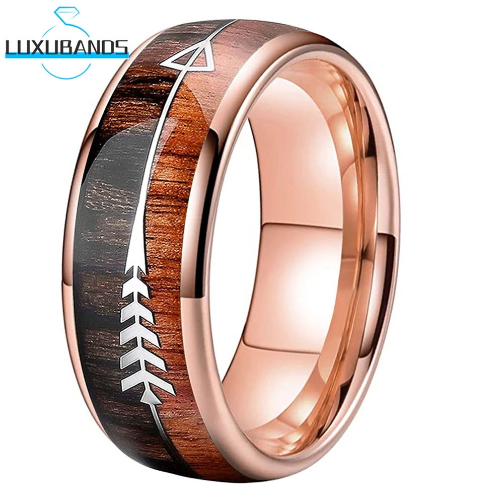 

Tungsten Carbide Wedding Rose Ring For Men Women 6mm 8mm Arrow Double Wood Inlay Polished Finish In Stock Comfort Fit