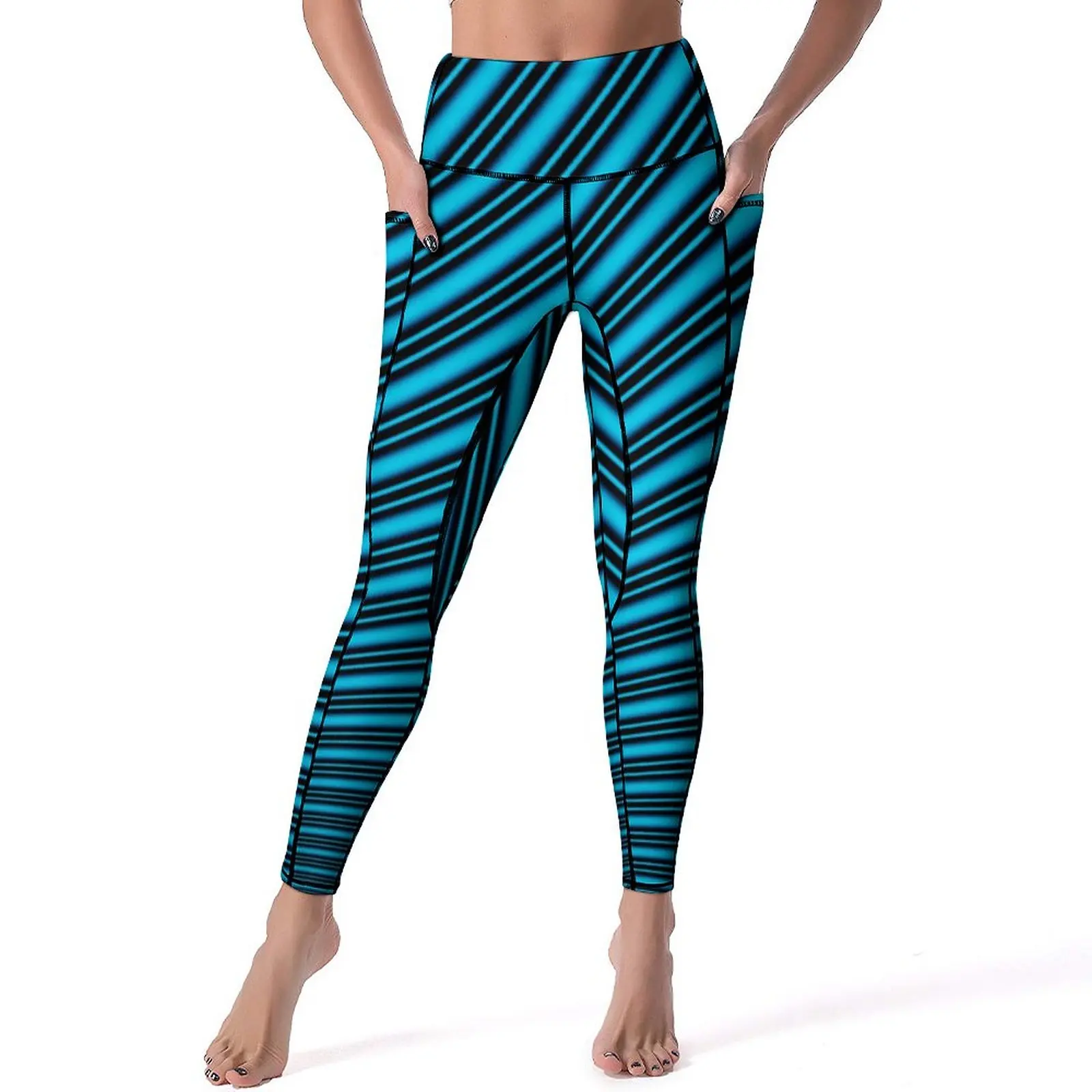 

Blue Lines Yoga Pants Pockets Modern Art Print Leggings Sexy Push Up Kawaii Yoga Sports Tights Stretch Design Work Out Leggins