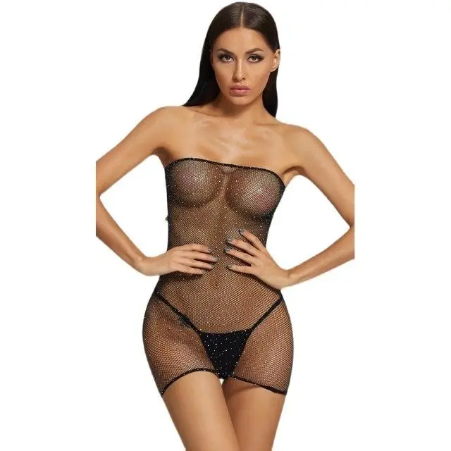 

Sexy Lingerie Big Size Shiny Rhinestones Hot Drilling Mesh Hollow Top One Piece Ladies Perspective Long Sleeve Bodysuitfor Women