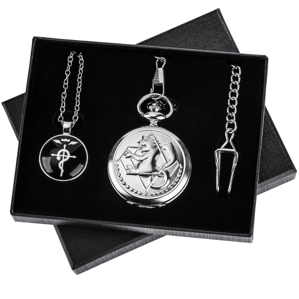 Silver Pocket Watch Men Fullmetal Quartz Pocket Watch Necklace Gifts Sets for Men Anime Cosplay Pendant Clock Rreloj De Bolsillo