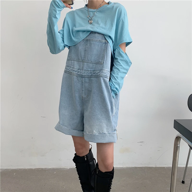 

Playsuits Womens Blue Denim Retro Loose Casual Pockets Wide Leg Tassel Vintage Harajuku Korean Style Popular Lady Rompers Simple