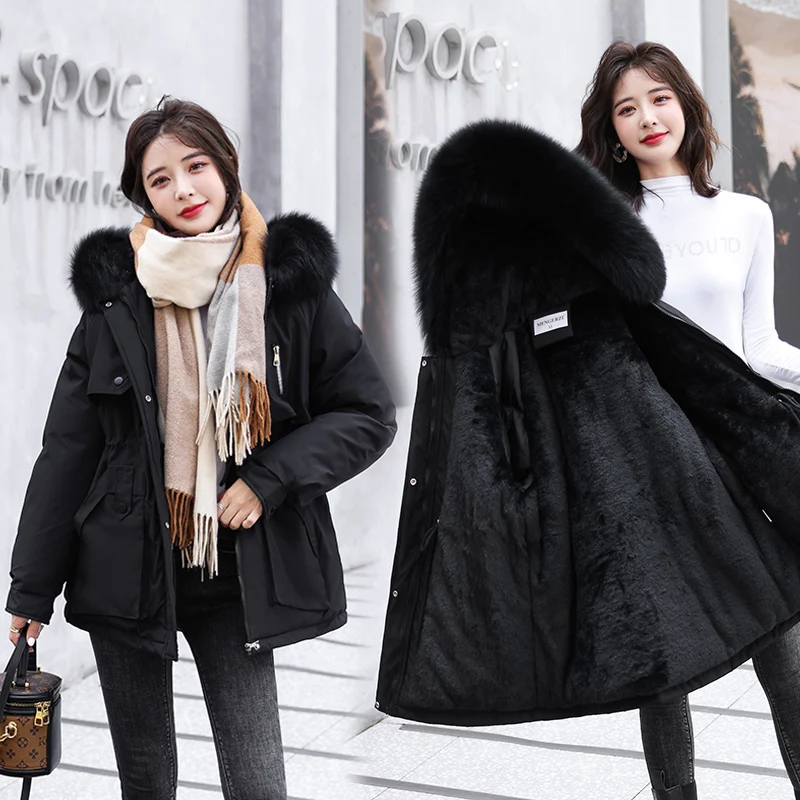 2022 New Winter Jacket Women's Parkas Thick Warm Fur Lining Long Parka Female Hooded Fleece Padded Big Pocket Outwear