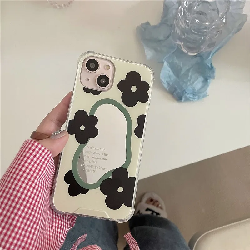 

Fashion Luxury Cute Mirror Black Flowers Female Soft Case For Iphone 11 12 13 Pro Max 7 8 Plus Xr X Xs Anti-drop Cover Fundas