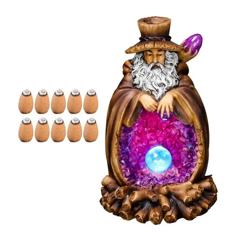 

Resin Backflow Ceramic Back Flow Incense Burner Old Man Incense Holder LED Light With 10 Pcs Bullet Incense House Decor