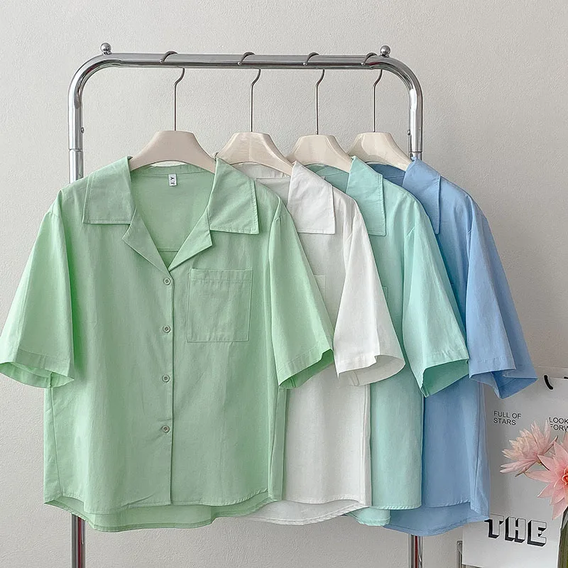

A GIRLS Notched Shirts Women Short Sleeve Solid Casual Simple Fashion Korean Vintage Females Design Elegant Tops Chic New
