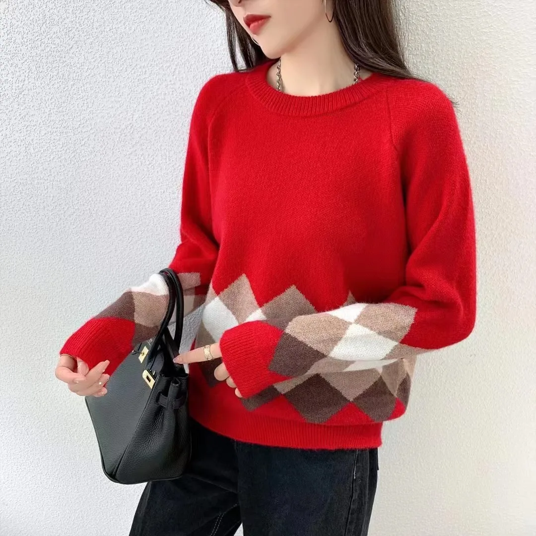 

2022 Fashion Loose Cashmere Sweater Women Pullover Autumn Winter New Loose Splicing Women Fashion O-neck Lattice