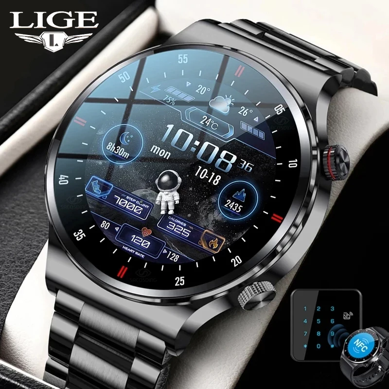

Смарт-часы LIGE NFC мужские водонепроницаемые с поддержкой Bluetooth и HD-экраном