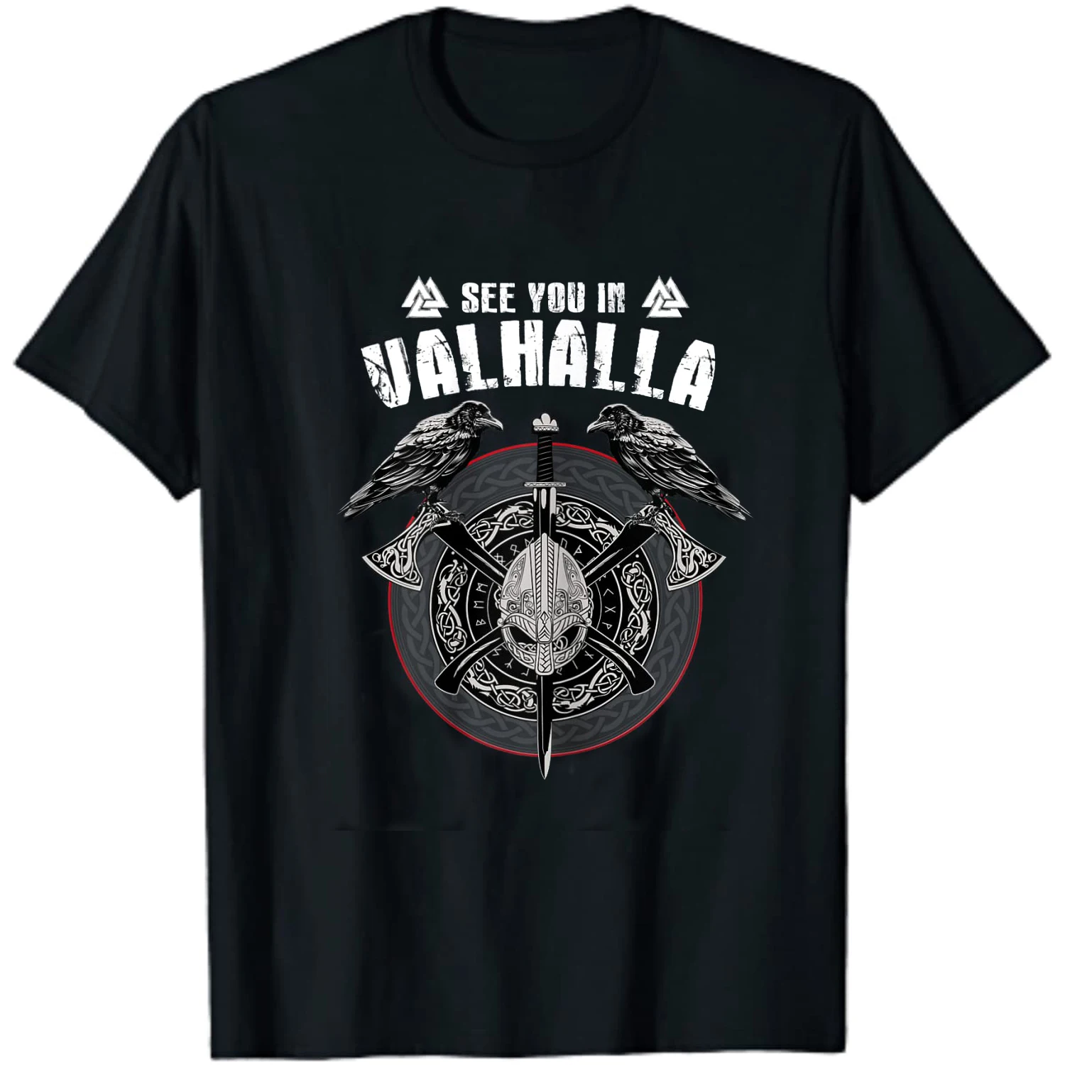 

See You In Valhalla -Odin Raven Viking Shield Axe Helmet T-Shirt 100% Cotton O-Neck Short Sleeve Casual Mens T-shirt Size S-3XL