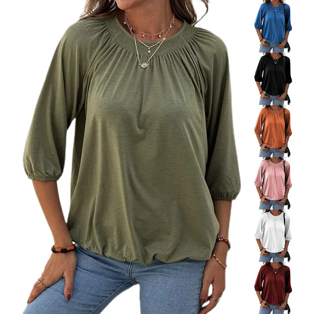 

Новинка осени 2023, Повседневная Свободная футболка с круглым вырезом и рукавами в семи точек, женская футболка