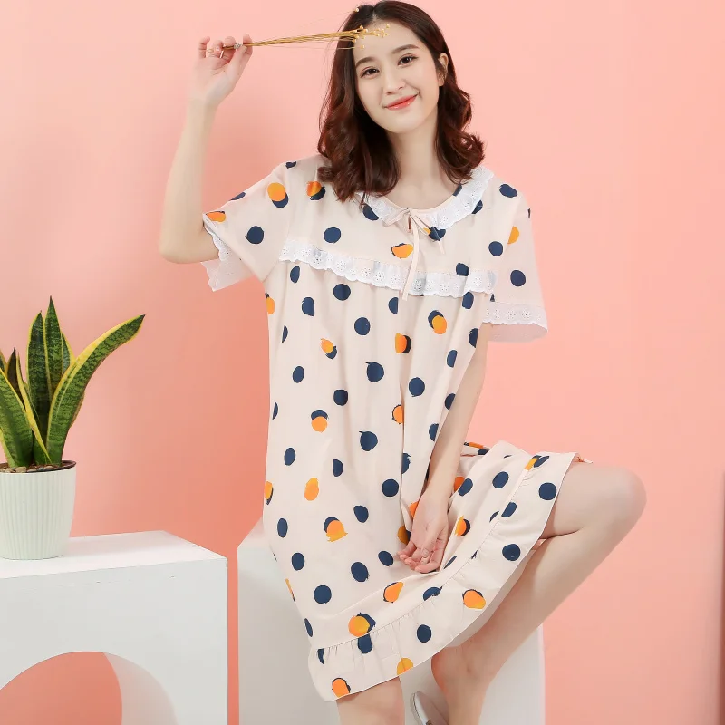 Summer Casual Loose Ruffle Long Nightgown Women 2021 Print Sexy Sleepdress Cartoon Lace Homewear Short Sleeve O-neck Sleepshirts