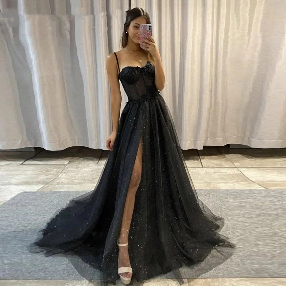 

Charming Black Prom Dresses 2022 A Line Exposed Boning Bodice Split Formal Evening Gowns Sparkly Sequins Party Dress