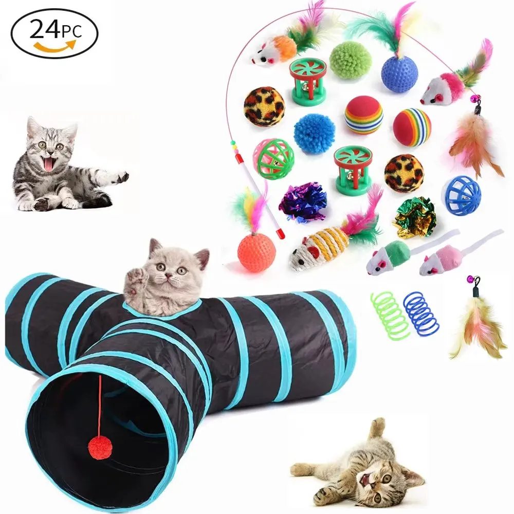 

24 Pcs Toys Set with Tunnel for Indoor, Kitten Toys Assortments, Variety Interactive Kitty Toys, Interactive Teaser, Self Ente