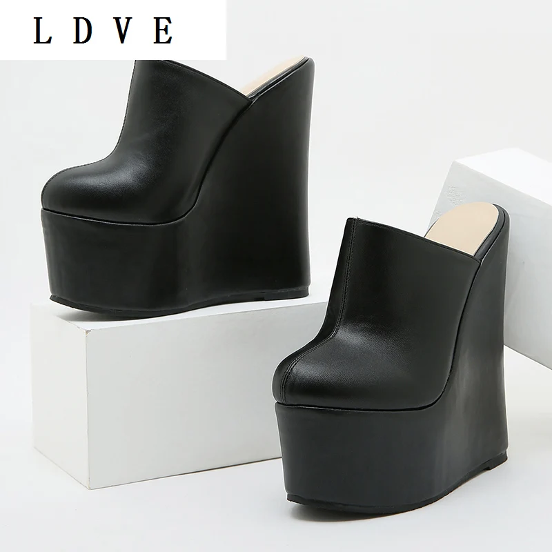 

Fashion Modern Sandals For Women Summer 2022 Solid Black PU Round Toe Wedges Heel Shoe Ankle Slip-On Outdoor Mules 35-42