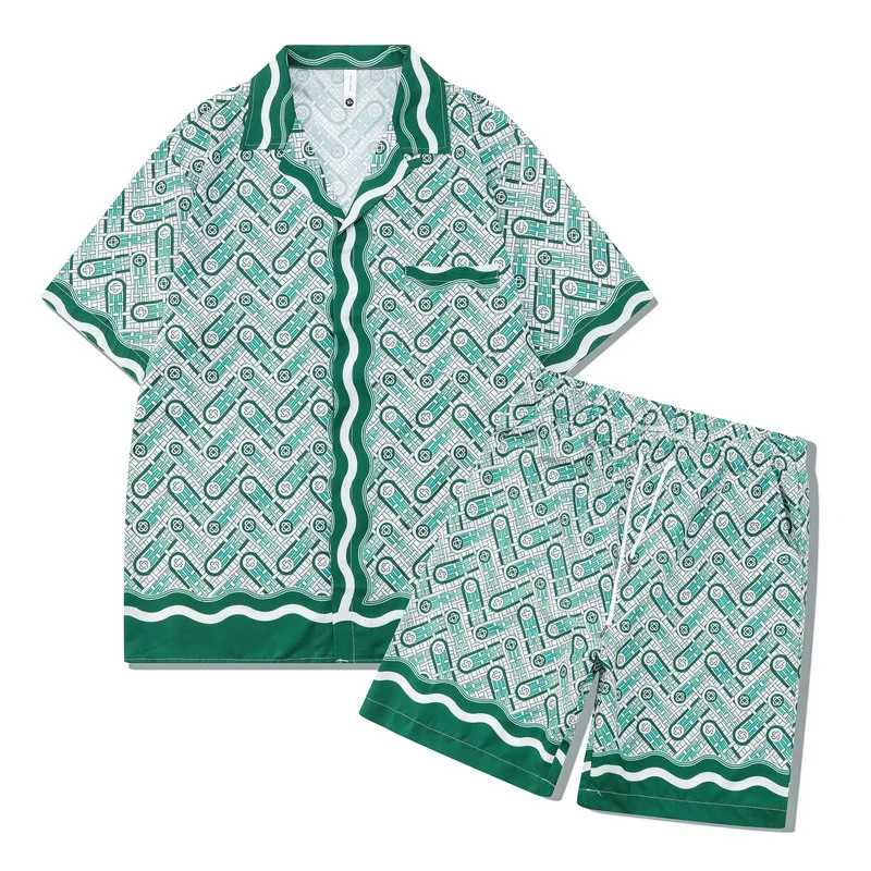 

Мужской комплект из 2 предметов, Пляжная рубашка с цифровым абстрактным принтом, повседневные шорты, рубашка с коротким рукавом, мужские Летние Гавайские пляжные рубашки
