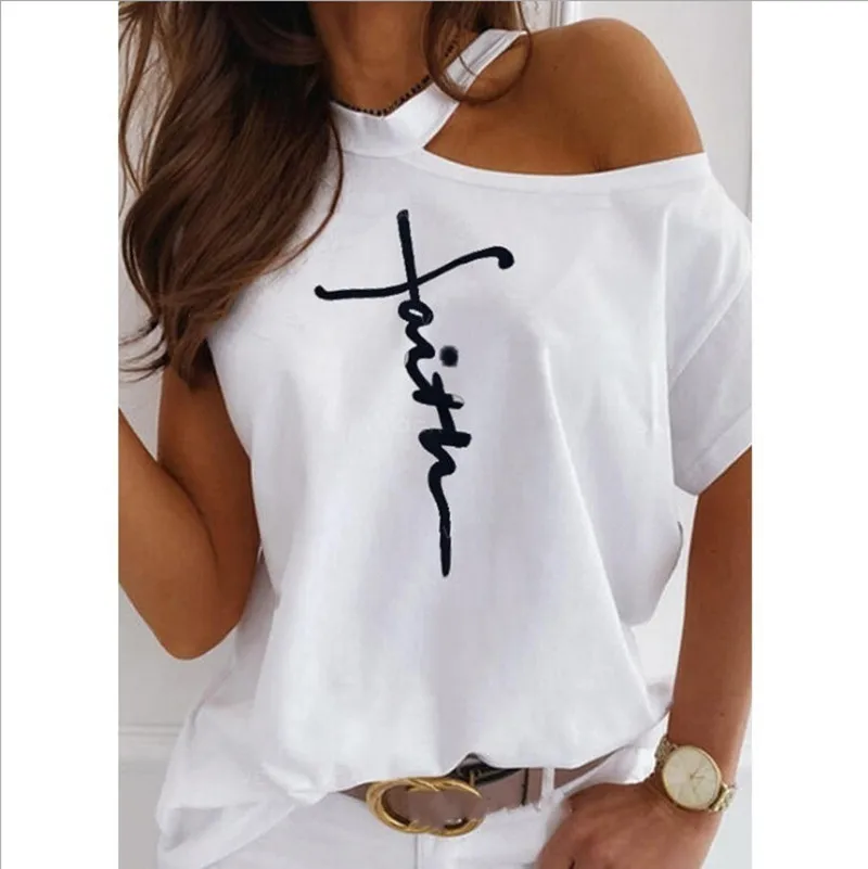 

Sexy Women's Clothing Solid Color Oversized One Shoulder T-shirt Top Letter Print Short Sleeve Off-the-shoulder Loose T-shirt La