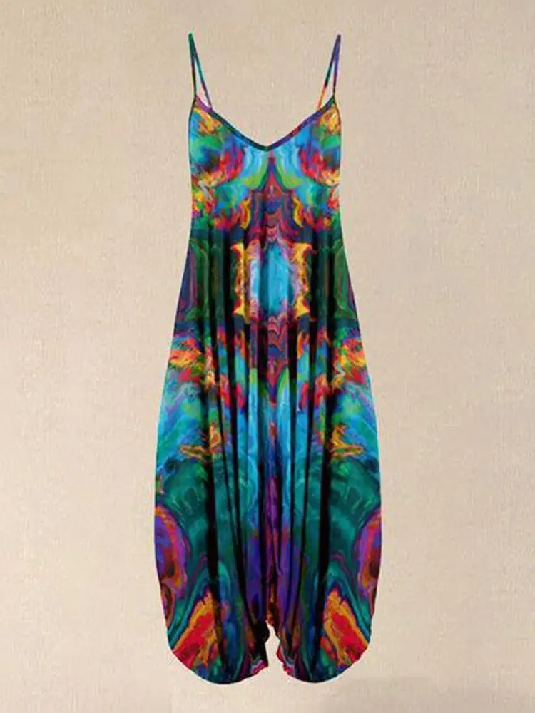 

Women Summer Loose Design Jumpsuit Vintage Sling V Neck Sexy Casual Pattern Print Rompers Fashion Overalls Playsuits Plus Size