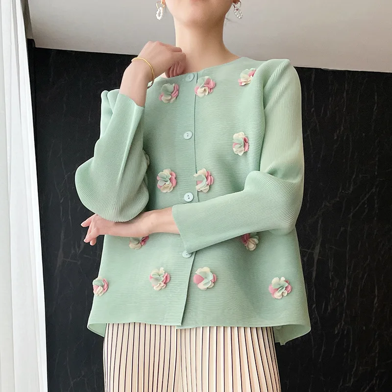 

Miyake pleated flower small jacket breasted western style cardigan loose fat mm large size women's clothing X191