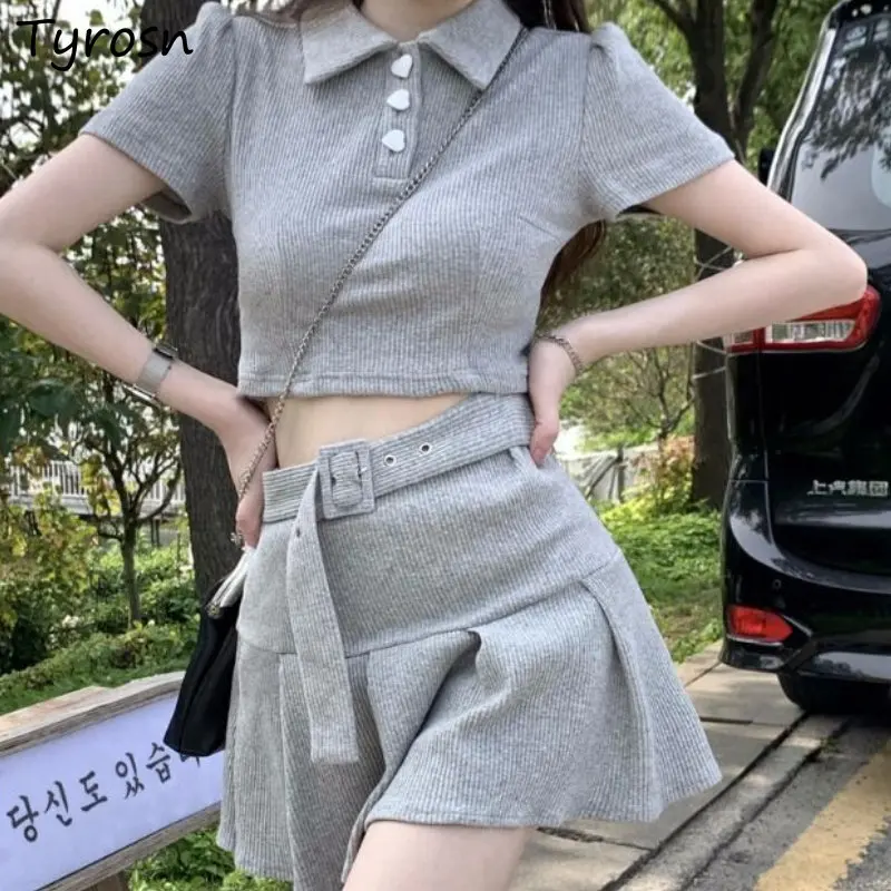 

T-shirt Skirt Sets Women Sweet Solid Students Simple Summer Preppy Tender Folds Turn-down Collar Korean Style High Waist Leisure
