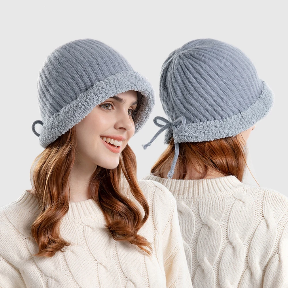 Women's Winter Hat Warm Beanie Cap For Female Plush Brim Knitting Acrylic Adjustable Head Circumference Pullover WY0238