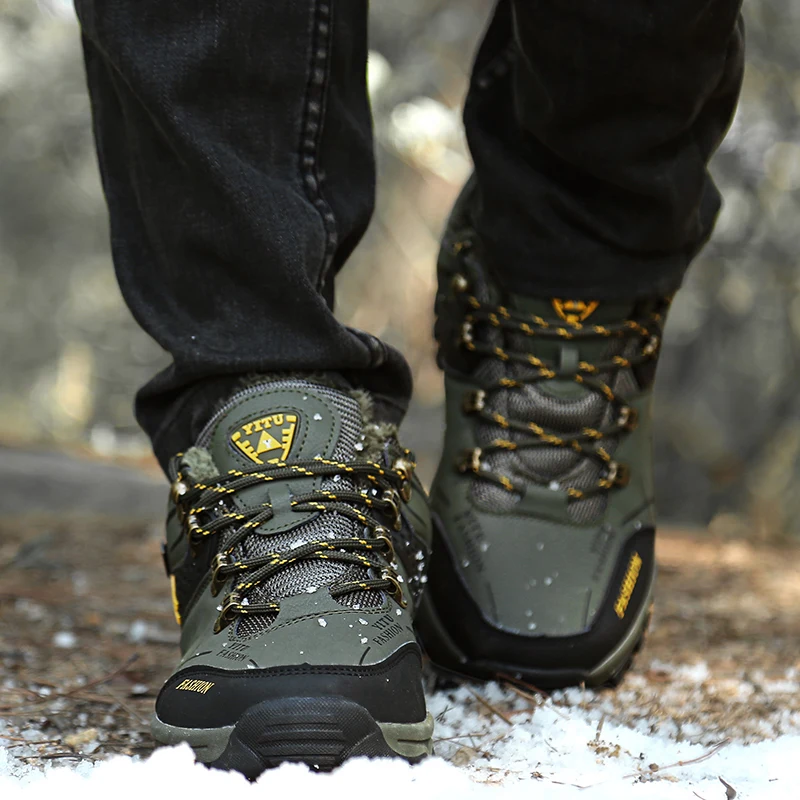 Large Size Hiking Boots For Men Winter Outdoor Warm Low Top Fur Non-Slip Stylish Adult Shoes For Boys Outdoor Work Boots