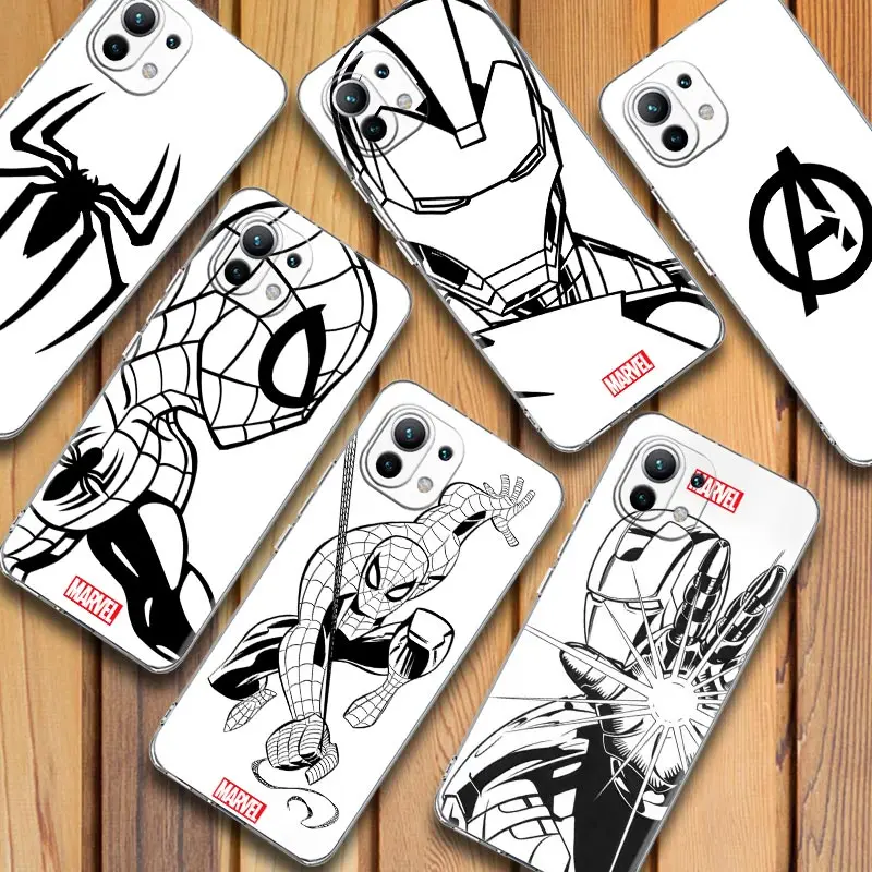 

Clear Case For Xiaomi Mi 11 Lite 10 9Lite 9T 11T Note 10 Poco M3 F3 X3 M4 Pro Fundas Cover Marvel Spiderman Black White Line Art