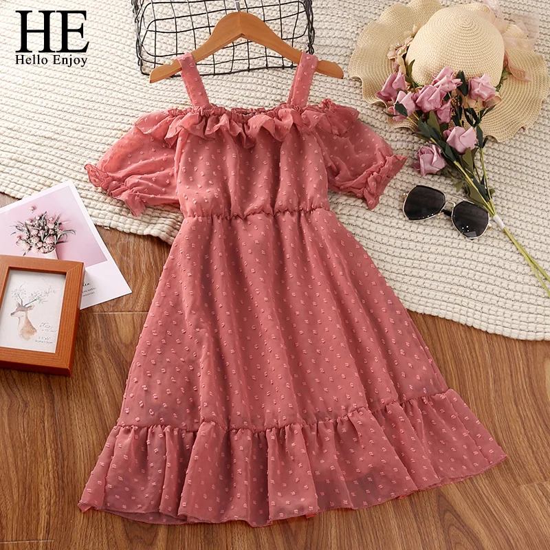 

HE Hello Enjoy Fashion Girls Summer 2022 Dresses Pink Sling Short Sleeve Teenager Clothes Cute Princess Bow Stylish Kids Dresses