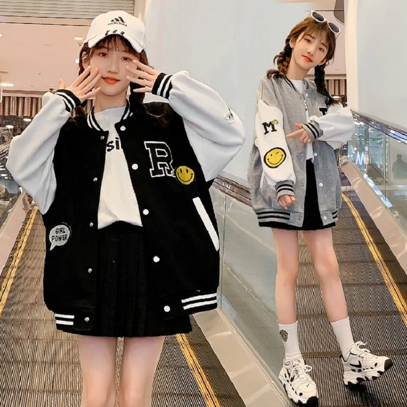 

Girls Loose Single-breasted Contrast Alphabet Patchwork Sweat Varsity Jackets School Kids Track Coats Child Outfit Tops 5-16 Yrs