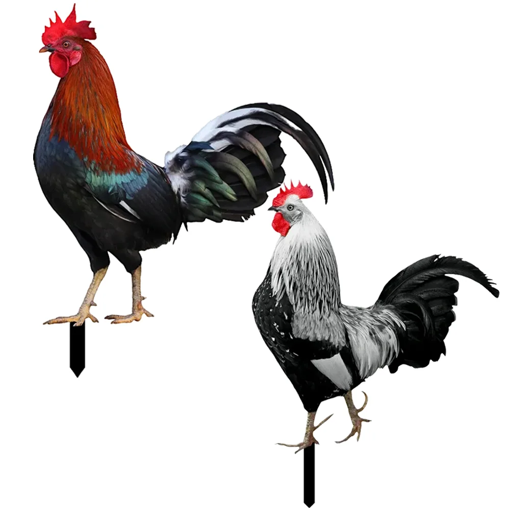 

2 Pcs Poultry Statue Garden Rooster Outdoor Decorations Chicken Lifelike Figurine Wood Pile Lawn Stake