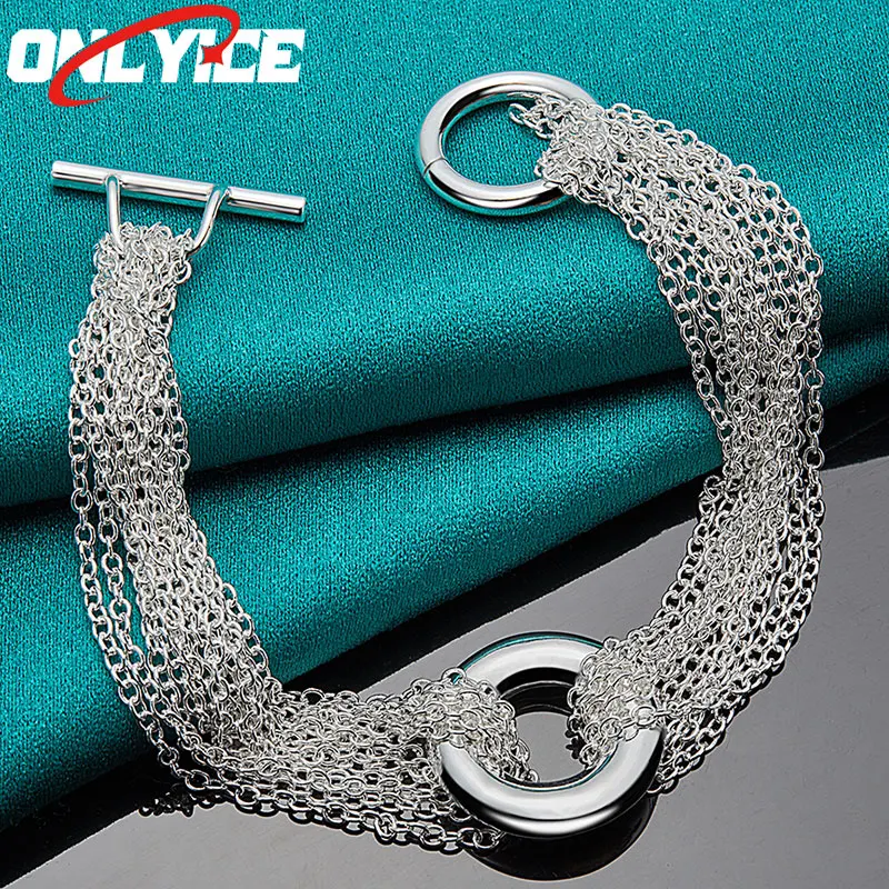 

925 Sterling Silver Smooth Round Pendant Thin Chain Bracelet Ladies Fashion Glamour Party Wedding Engagement Jewelry