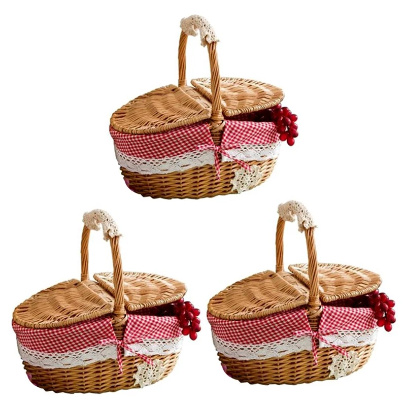 

3X Hand Made Wicker Basket Wicker Camping Picnic Basket Shopping Storage Hamper and Handle Wooden Wicker Picnic Basket