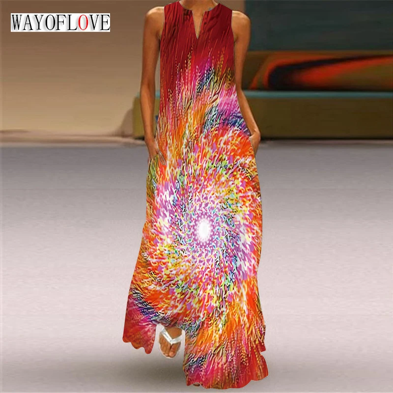 

WAYOFLOVE Ladies Spring Summer Red Long Dress Sleeveless V-neck Print Casual Beach Dresses Elegant Loose Vintage Dress For Women