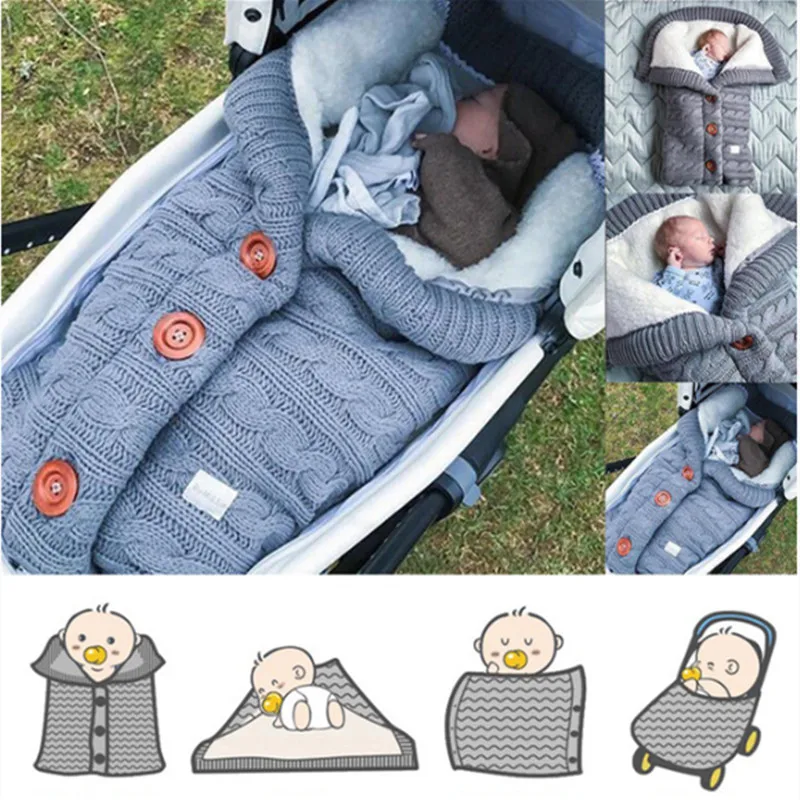 Baby Sleeping Bags Infant Winter Thickened Warm Button Knit Swaddle Wrap Swaddling Stroller Wrap Toddler Blanket Sleeping Bags