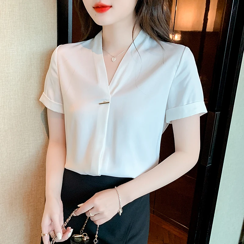 

Korean White Shirt Women V-neck Sexy Blouse Chiffon Short-sleeve Blouses 2022 Summer Dress Shirt Office Lady Shirts Womens Tops