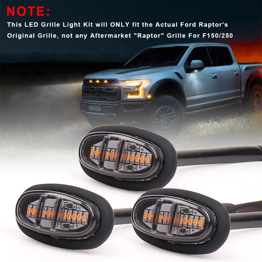 

3 PCS Car Front Grille Lighting 12V Raptor Style Smoked Lens Amber LED Front Grille Running Lights For Ford F150 Car Accessories