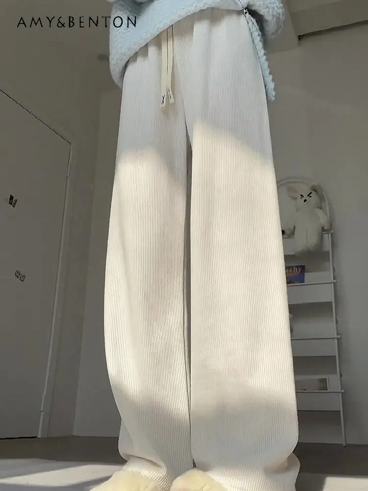 White Knitted Fabric Women's Wide-Leg Pants 2023 Spring Autumn New High Waist Design Sense Trousers Casual Long Mop Pants