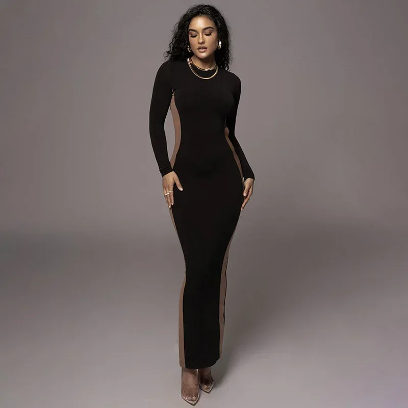 

Streetwear 2023 Women Winter Autumn Dresses Contrast Color Hip Wrap Skirt Formal Elegant Clothes Evening Party Dress Robe Y2k