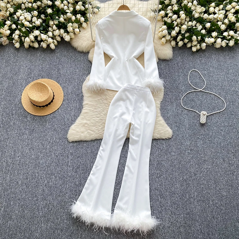 Женский комплект из двух предметов с перьями для офисной работы меховой пиджак