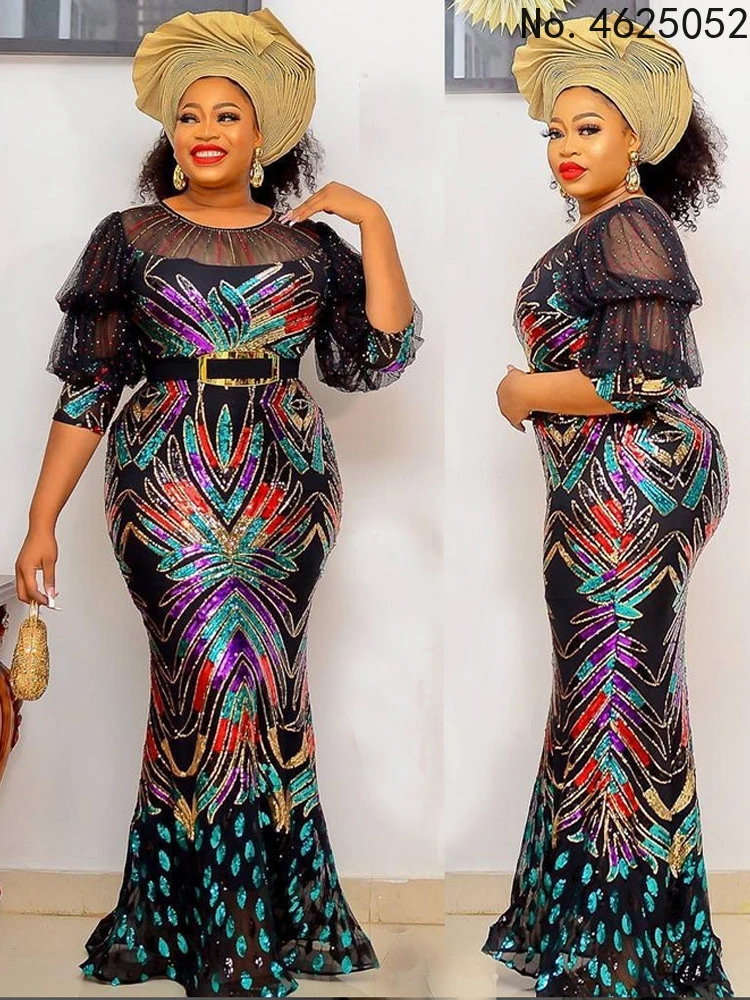 

Fashion Vintage Bazin African Women High Waist Multicolor Sequin Euramerican Sexy Noble Diamond Elegant Retro Evening Maxi Dress